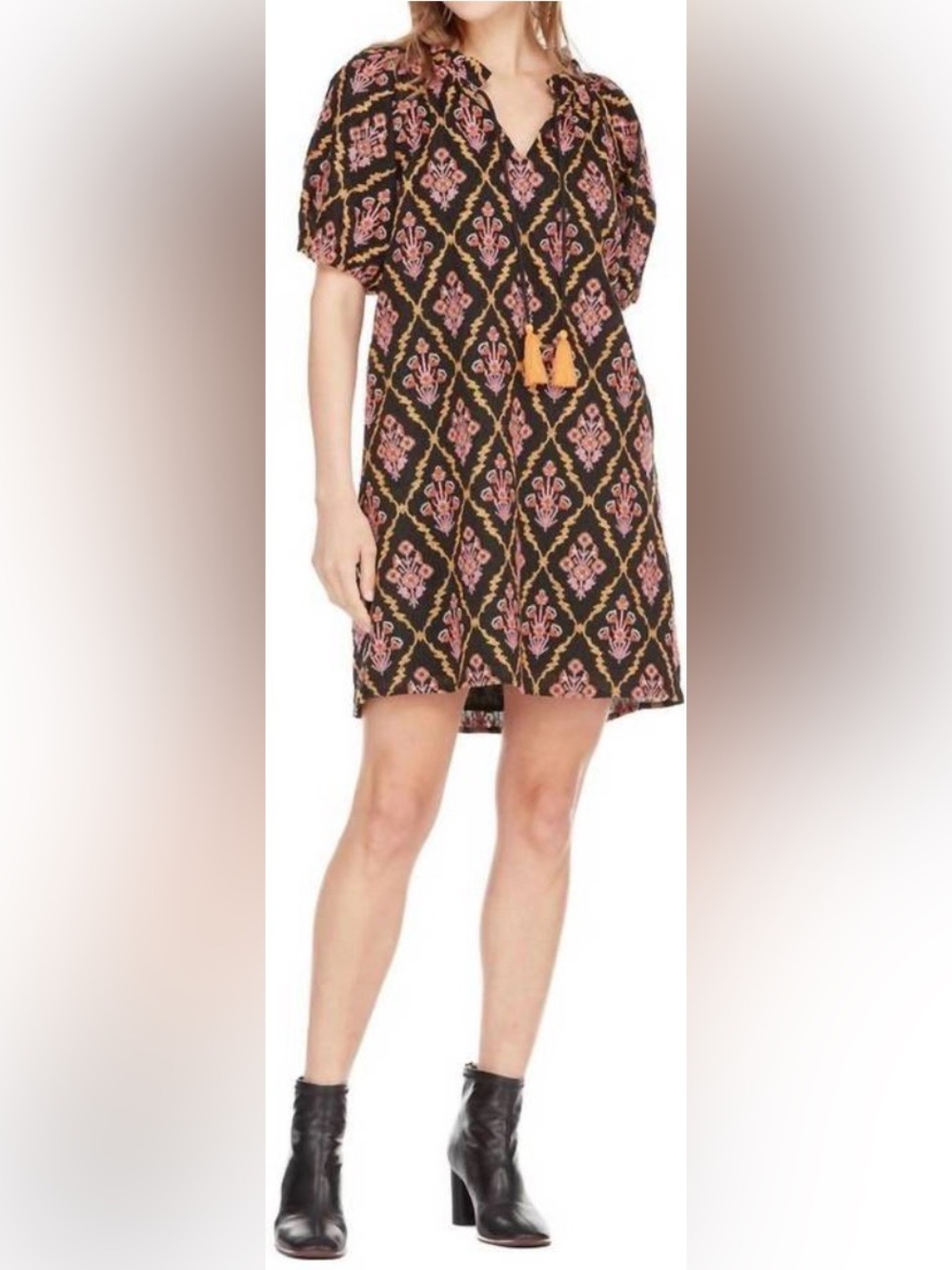 NWOT JOYJOY SHEATH DRESS, EMBROIDERED, RUFFLED NECKLINE, V NECK, PUFF SLEEVES. L